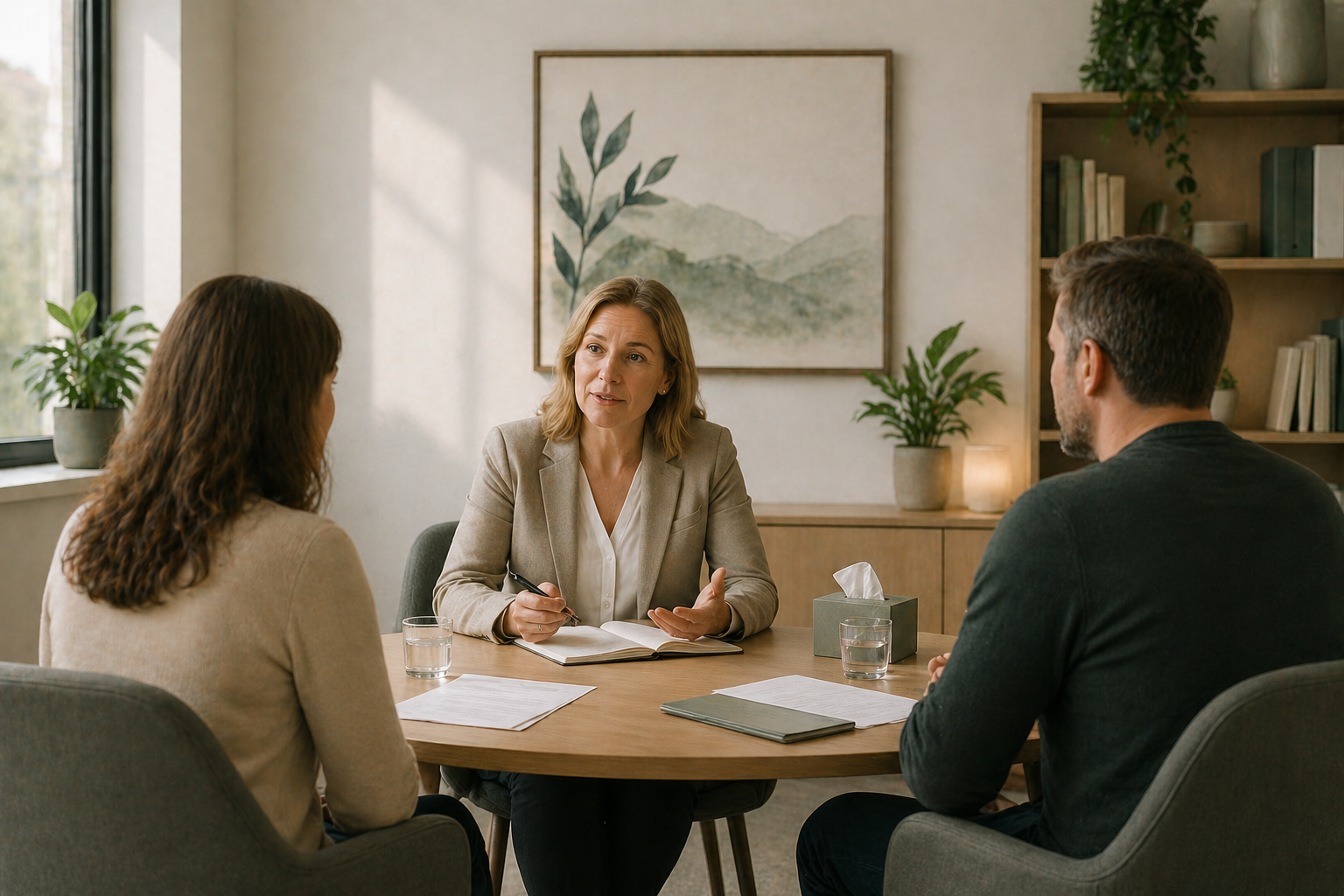 Illustration of a divorce mediation session, showing two individuals sitting with a mediator to discuss their separation.
